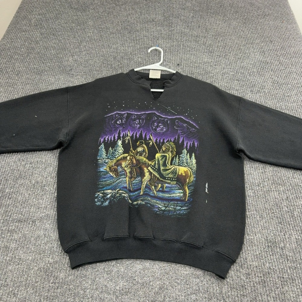 Vintage Tultex Sweatshirt Mens L Black Cotton Blend Native American Wolf Graphic